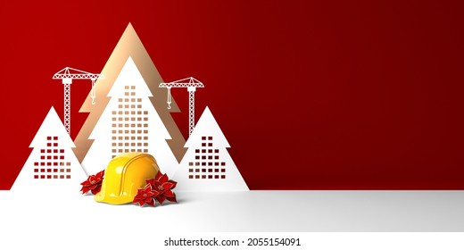 A protective helmet among poinsettia flowers on the background of abstract Christmas tree shaped buildings.
3D render Christmas template for construction, building, engineering or real estate company. - Powered by Shutterstock