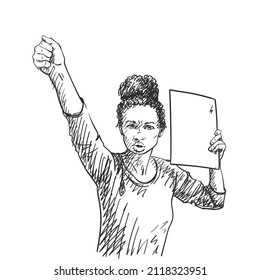 Protest. African American Woman With Empty Sign Board Showing Fist Sketch, Hand Drawn Illustration