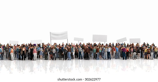 Protest Of Crowd. Large Crowd Of People Stay On A Line On The White Background.