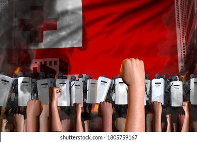 Protest In Tonga - Police Officers Stand Against The Angry Crowd On Flag Background, Riot Stopping Concept, Military 3D Illustration