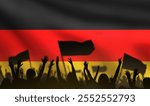 Protests in Germany. Silhouettes of people participating in strike. Flag of Germany. Banners and banners in hands of protesters. German people revolt. Protests against reforms in Germany. 3d image