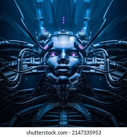 Prototype mother - 3D illustration of metallic science fiction female artificial intelligence inside futuristic computer core