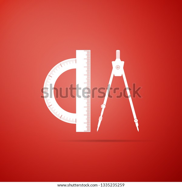 Protractor and drawing compass icon isolated on\
red background. Drawing professional instrument. Geometric\
equipment. Education sign. Flat\
design