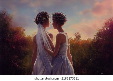 Proud And Happy Lesbian Couple Getting Married Outdoors