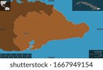 Guantánamo, province of Cuba. Patterned solids with lakes and rivers. Shape presented against its country area with informative overlays. 3D rendering