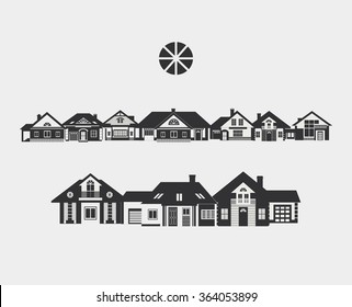 Provincial street. Border of silhouettes of different small houses. The architecture of a small town or in the countryside.
