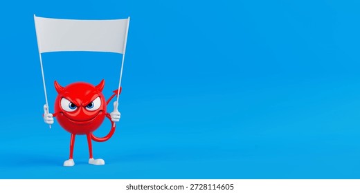 Provocation And Advertising Concept. Red Devil Cartoon Character Holding Blank Banner For Message Or Promotion Isolated On Blue Background. 3d Rendering