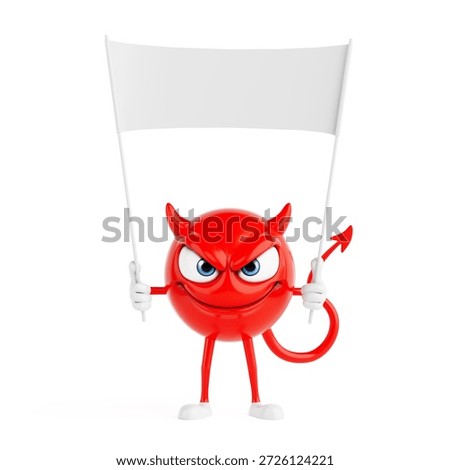Provocation And Advertising Concept. Red Devil Cartoon Character Holding Blank Banner For Message Or Promotion Isolated On White Background. 3d Rendering