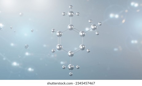 pseudocumene molecular structure, 3d model molecule, aromatic hydrocarbon, structural chemical formula view from a microscope