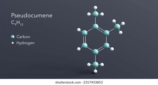 pseudocumene molecule 3d rendering, flat molecular structure with chemical formula and atoms color coding