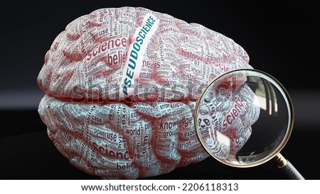 Pseudoscience in human brain, a concept showing hundreds of crucial words related to Pseudoscience projected onto a cortex to fully demonstrate broad extent of this topic,3d illustration