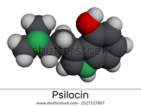 Psilocin molecule. Psychoactive compound in certain species of mushrooms. Molecular model. 3D rendering. Illustration