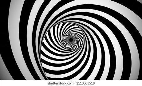 A psychedelic 3d illustration of an optical illusion created by black and white stripes rotating in a tunnel with spiraling effect. They create the mood of enigma and magic.