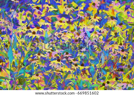 Psychedelic abstract of many black-eyed Susans (binomial name: Rudbeckia hirta) in prairie restoration area, October in northern Illinois, USA, with digital painting and oil-painting effects