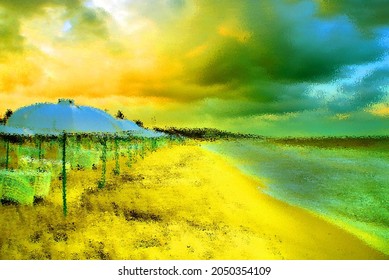 Psychedelic Beach Background With Colors Pattern On Shiny Glossy Surface Or Brilliant Glass