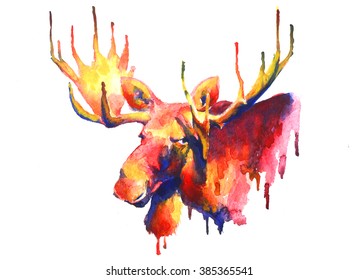 Psychedelic Bright Watercolor Moose Drawing