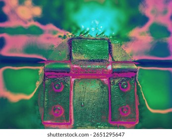 Psychedelic digital art of a hinge with vibrant abstract patterns and surreal colors. Ideal for unique backgrounds, artistic concepts, or bold design elements with a striking, otherworldly feel.