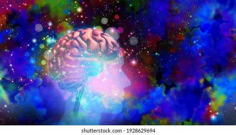 Psychedelic drug or psychedelics hallucinogenic drugs and hallucinogens representing states of consciousness and psychology or psychological hallucinating in a 3D illustration style.