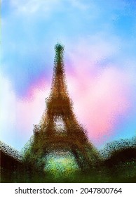 Psychedelic Eiffel tower background with colors pattern on shiny glossy surface or brilliant glass