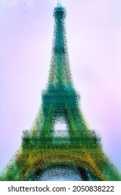 Psychedelic Eiffel tower background with colors pattern on shiny glossy surface or brilliant glass