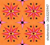 Psychedelic Eye Pattern with Red Petals and Stars on Orange Background
psychedelic, surreal, eye pattern, mystical, retro, seamless, stars, floral, red petals, pink shapes,