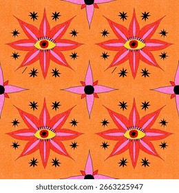 Psychedelic Eye Pattern with Red Petals and Stars on Orange Background
psychedelic, surreal, eye pattern, mystical, retro, seamless, stars, floral, red petals, pink shapes,