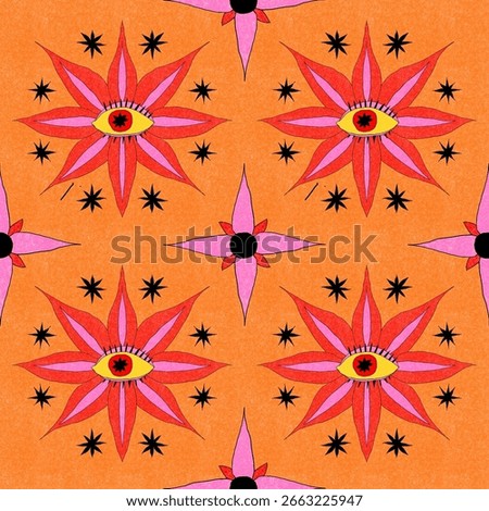 Psychedelic Eye Pattern with Red Petals and Stars on Orange Background
psychedelic, surreal, eye pattern, mystical, retro, seamless, stars, floral, red petals, pink shapes,