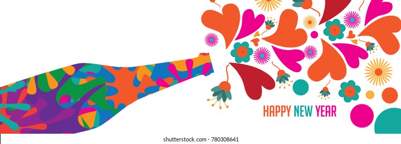 
Psychedelic Happy New Year card design. Champagne celebration bottle making toast with colorful hearts and flowers to bring in the new year. - Powered by Shutterstock