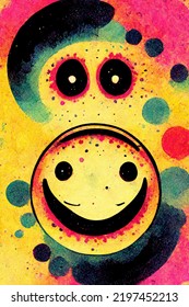 Psychedelic Illustration Of A Acid Smiley Face With Bright Colors And Black Ink