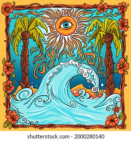 Psychedelic Illustration Of Swirly Waves And Beach Scene.