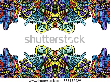 Psychedelic pattern abstract background with colorful ornament. Hand draw illustration. Algae sea motif. Magic mandala. Drawing with marker and colored pencil