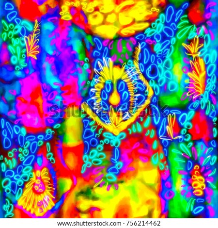 Psychedelic pattern. Bright neon forms. Ultraviolet illustration. glowing pattern. Indian, Korean, Arabic, crochet ornament. underwater world with deep-sea inhabitants. Bioluminescence. Fireflies