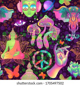 Psychedelic seamless pattern: trippy mushrooms, peace sign, acid Buddha, butterflies, all-seeing eye, mandala. Background with stoned trippy drug elements in cartoon comic style.