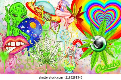 Psychedelic Trippy Art. Abstract Colorful Background With Bright Psychedelic Design. Character Alien Ufo. Weed Smoking Lips Cannabis. Melt Bong, Smoke Cannabis, Weed. Hand-drawn Print.