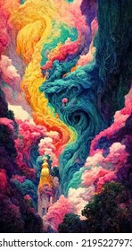 Psychedelic Trippy LSD Or Magic Mushrooms Hallucinations Hippie Concept Design. Drugs Vibrant Multicolored Surreal Fantasy Background. 3D Illustration.
