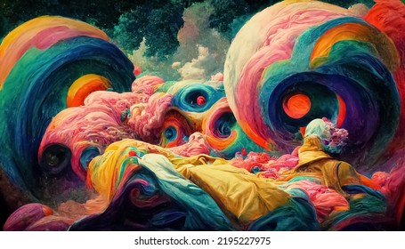 Psychedelic Trippy LSD Or Magic Mushrooms Hallucinations Hippie Concept Design. Drugs Vibrant Multicolored Surreal Fantasy Background. 3D Illustration.
