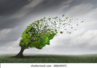 Psychological Trouble And Mental Health Adversity Crisis As A Tree Shaped As A Human Head Being Torn Or Stressed By Strong Winds As A Psychiatry Or Psychology Icon With 3D Illustration Elements.