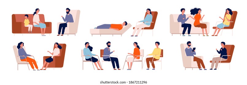 Psychologist. Group Therapy Couch Talking Medical Consultant Sitting Family Consulting Characters