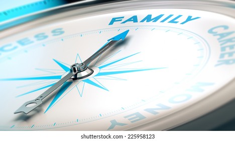 Psychology concept, family vs career. Compass pointing the word family, blue and beige tones.  