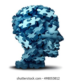 Psychology Puzzle Concept As A A Group Of 3D Illustration Jigsaw Pieces Shaped As A Human Head As A Mental Health Symbol For Psychiatry Or Psychology And Brain Disorder Icon On A White.
