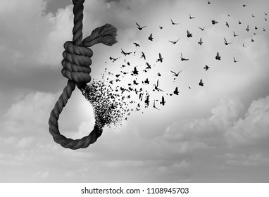 Psychology of suicide and suicidal severe depression therapy as a mental illness health concept as a noose transforming to hope as a surreal idea of psychiatry in a 3D illustration style.