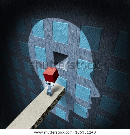 Psychology therapy concept as a doctor holding a red block to repair a compartmentalized human brain as a mental health icon for psychiatry or neurology treatment by a surgeon or research scientist. Stock photo © 