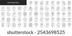 Psychology web icons set in thin line design. Pack of relationship, love, influence, listening, support, brainstorm, anxiety, charity, meeting, other outline stroke pictograms. Illustration.