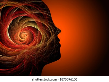 Psychotherapy concept. Abstract fractal background with human profile. Woman suffering from headaches, fatigue, chronic pain. State of trance and deep meditation, spiritual journey. 
