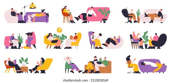 Psychotherapy help individual and therapy consultation session. Psychotherapist session, patients on sofa  illustration set. Psychotherapist services of support mental, psychotherapy individual - Powered by Shutterstock