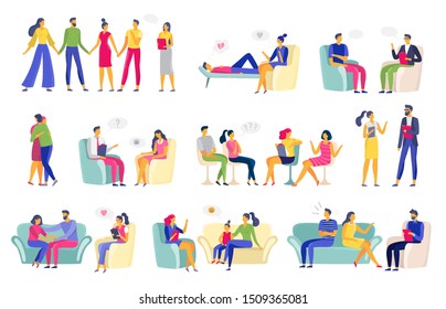 Psychotherapy session. Psychologic therapy, family psychologist and psychotherapist sessions. Addiction or depression treatment sessions, mental problem couch.  illustration isolated icons set - Powered by Shutterstock