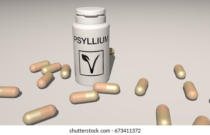  Psyllium Nutritional Supplement Bottle With Capsules. 3D Rendering.