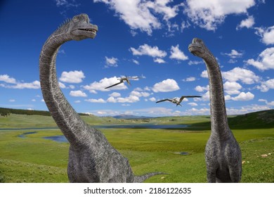 Pteranodon flying behind Brachiosaurus walking in the magnificent nature.3D illustration 3D rendering