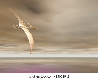Pterodactyl or Pteranodon flying over the ocean