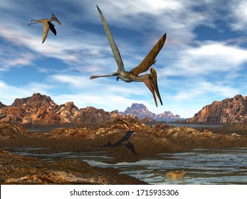 Pterodactylus flying upon water by sunset light - 3D render